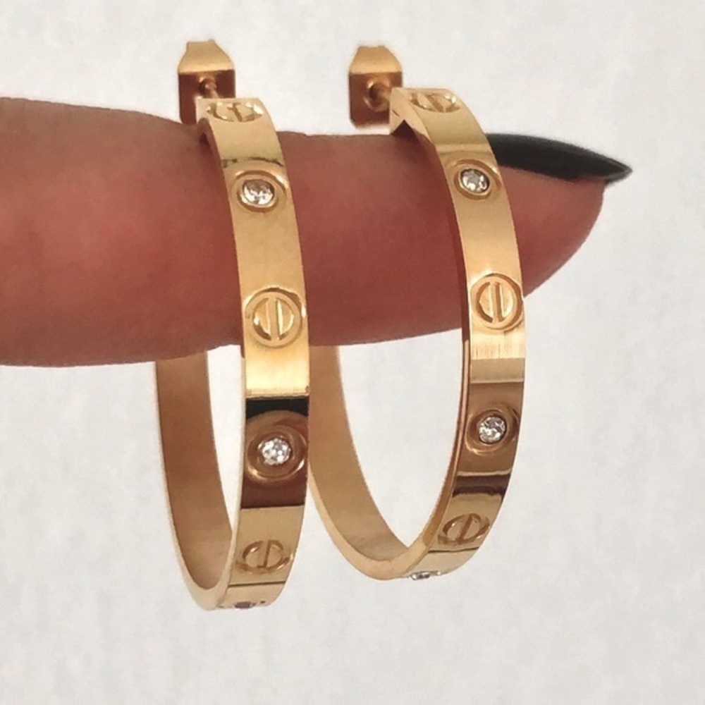 Gold Screw Earrings Zirconia Hoops - Picture 5 of 17